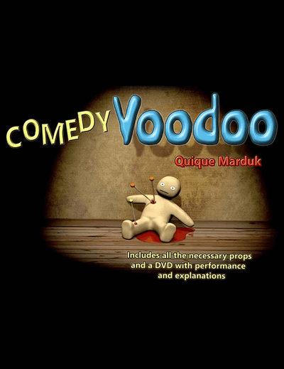 Advertisement for 'Comedy Voodoo' by Quique Marduk with a marionette on a wooden stage.