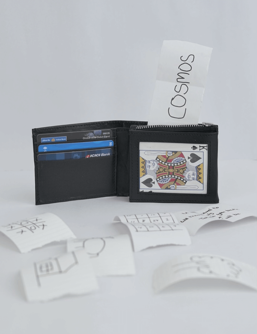 Black wallet with playing card design on a white background,  'Cosmos bifold wallet'.