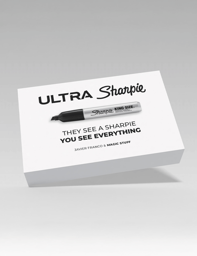 Box of Ultra Sharpie marker with branding and tagline on a gray background